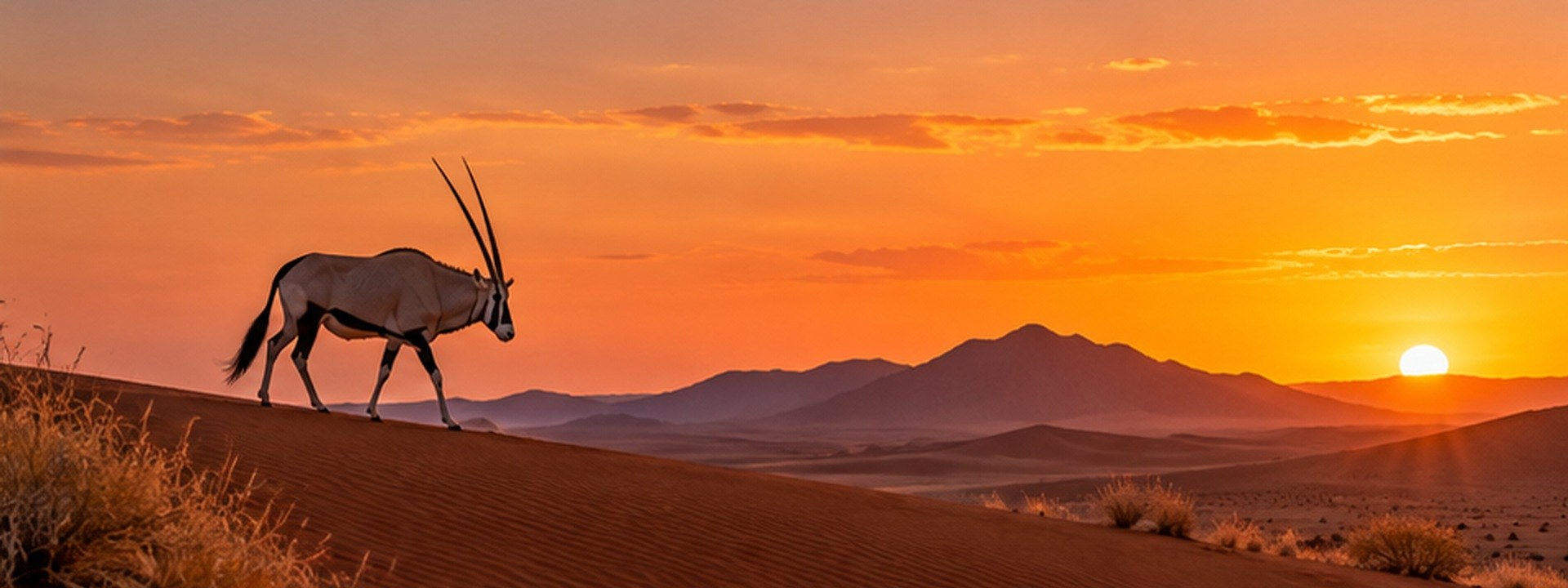 Oryx op 'n Namibiese duin teen sonsondergang