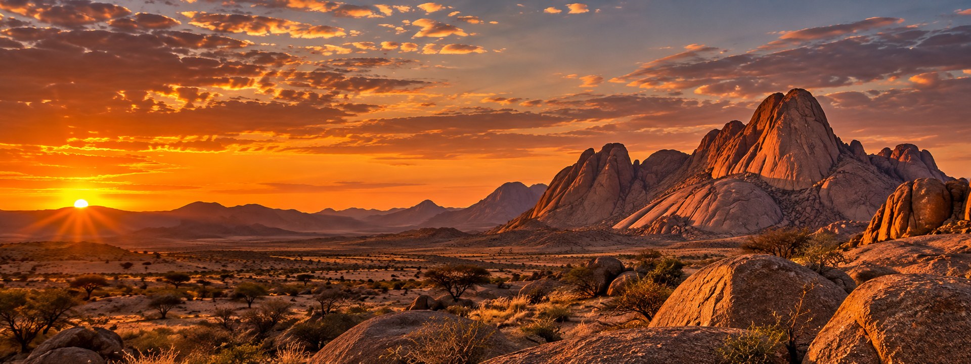 Spitzkoppe-agtige granietberge in Namibië teen sonsondergang