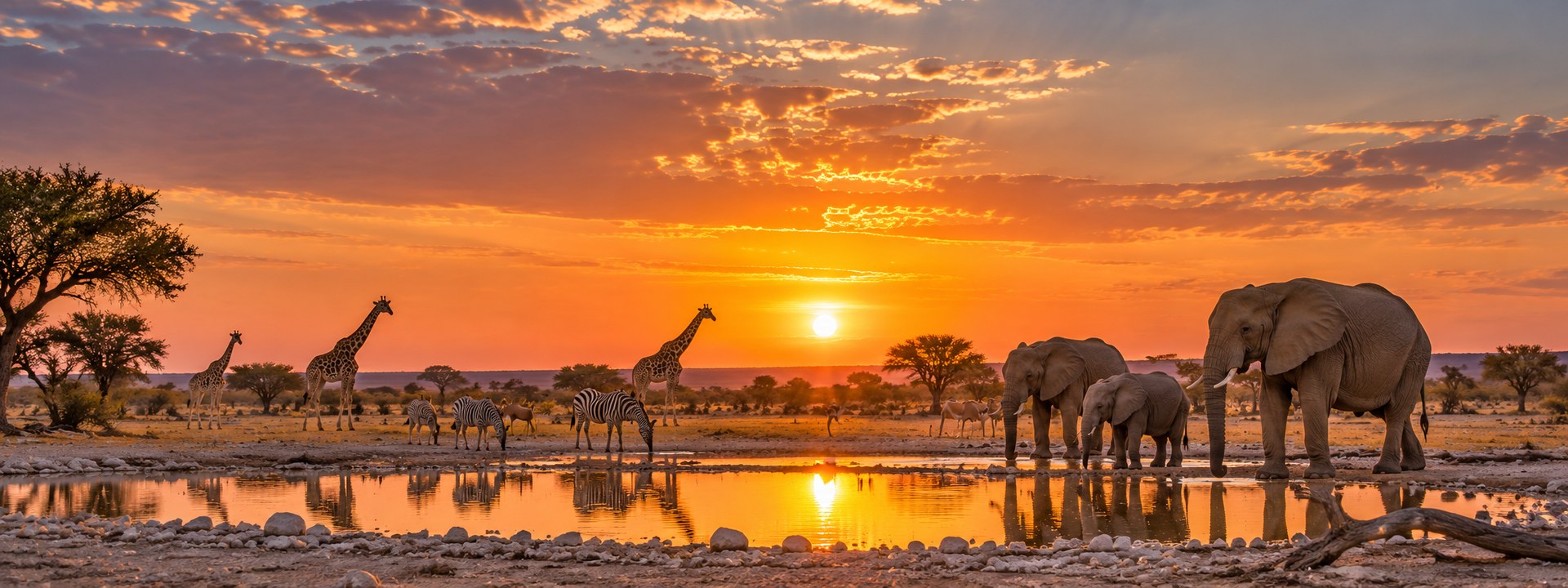Etosha-wildlewe by 'n watergat teen sonsondergang